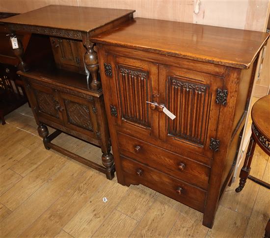 A small reproduction oak court cupboard, W.76cm and a linenfold cupboard